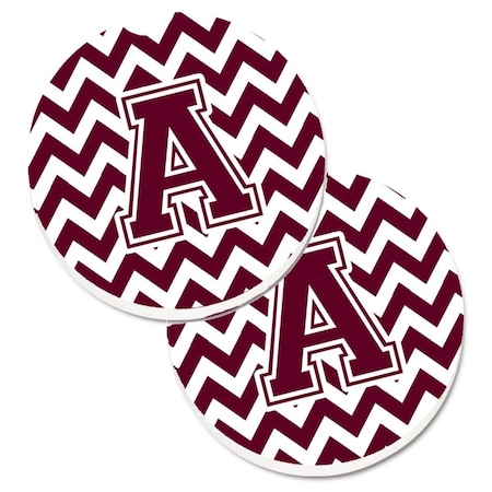 Carolines Treasures Letter A Chevron Maroon and White Set of 2 Cup Holder Car Coaster CJ1051-ACARC
